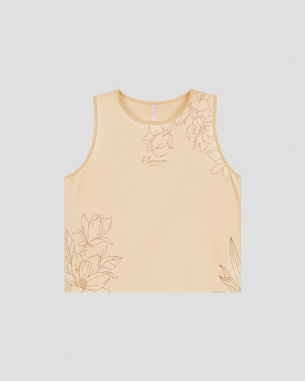 Blusa Feminina Sem Mangas Estampada Floral Cereja Rosa Bege