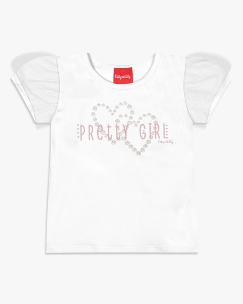 Blusa Infantil em Cotton com Tule Manga - Kely Kety - Branco