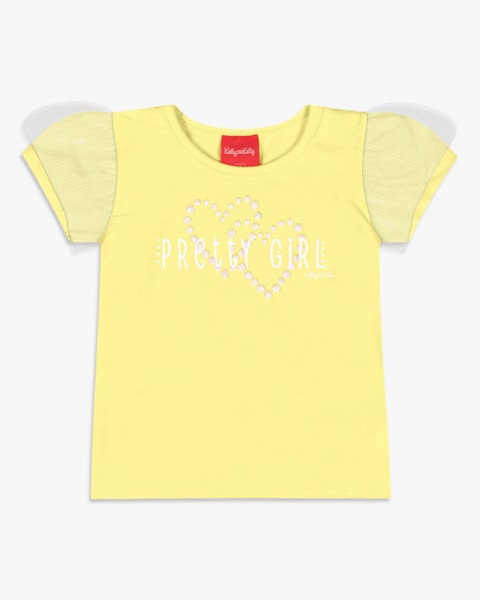 Blusa Infantil em Cotton com Tule Manga - Kely Kety - Pinacolada