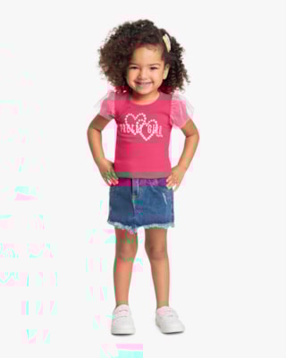 Blusa Infantil em Cotton com Tule Manga - Kely Kety - Rosa Cereja-01