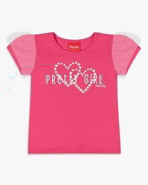 Blusa Infantil em Cotton com Tule Manga - Kely Kety - Rosa Cereja