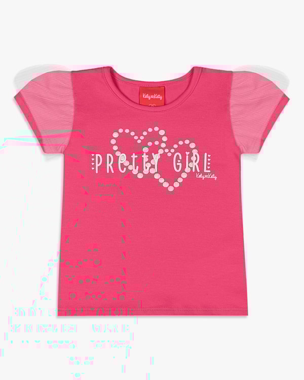 Blusa Infantil em Cotton com Tule Manga - Kely Kety - Rosa Cereja