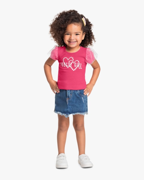 Blusa Infantil em Cotton com Tule Manga - Kely Kety - Rosa Cereja