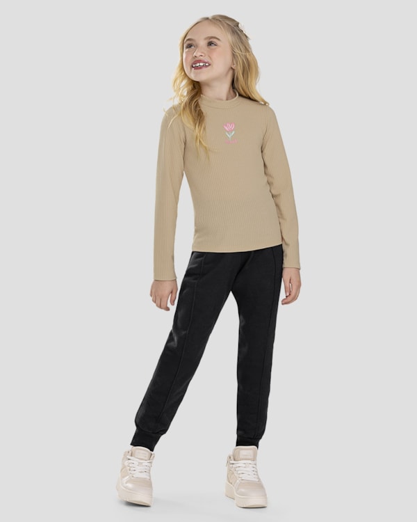 Blusa Infantil Manga Longa Canelada com Estampa - Kely Kety - Bege