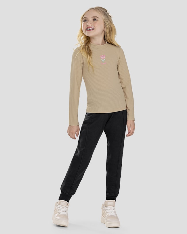 Blusa Infantil Manga Longa Canelada com Estampa - Kely Kety - Bege-3c1219dc-9b48-4f56-9fe8-c060f408c0c2