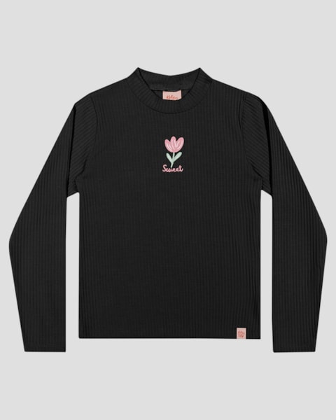 Blusa Infantil Manga Longa Canelada com Estampa - Kely Kety - Preto