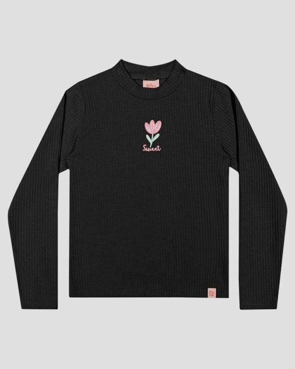 Blusa Infantil Manga Longa Canelada com Estampa - Kely Kety - Preto