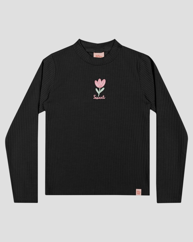 Blusa Infantil Manga Longa Canelada com Estampa - Kely Kety - Preto-51fe731a-48a1-4c19-a24b-c2d482559933