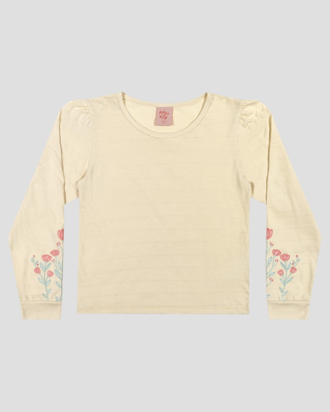 Blusa Infantil Manga Longa com Estampa Relevo - Kely Kety - Bege-1b29353a-f468-47e1-bb85-cce934b783e5