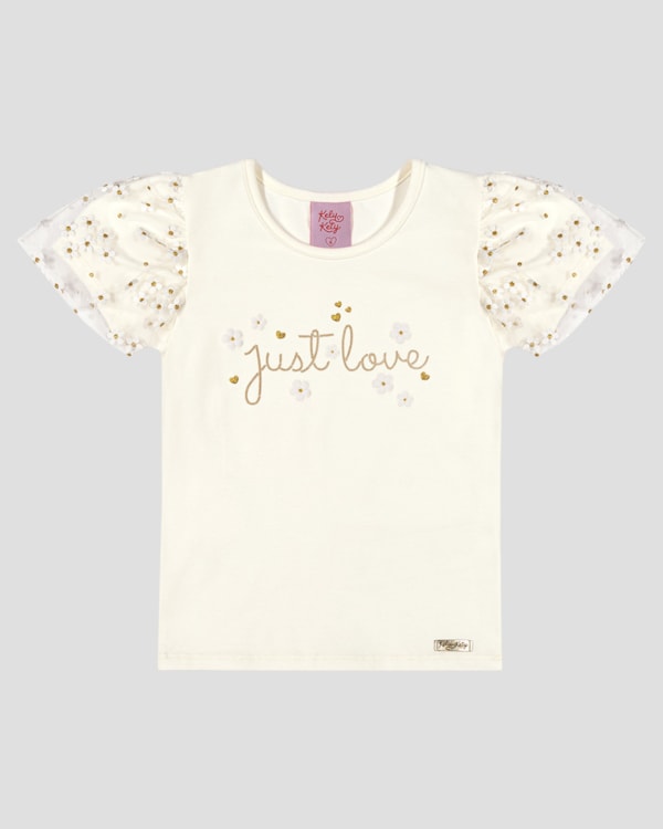 Blusa Infantil Menina em Malha com Tule Floral Kely Kety Branco