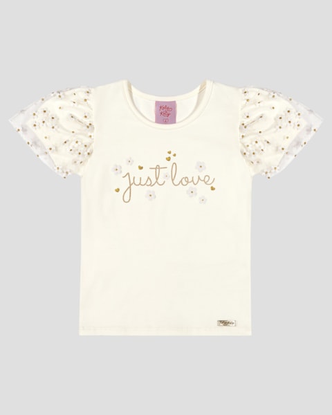 Blusa Infantil Menina em Malha com Tule Floral Kely Kety Branco