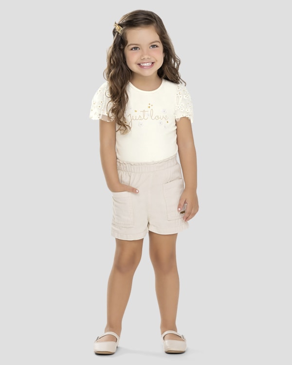 Blusa Infantil Menina em Malha com Tule Floral Kely Kety Branco
