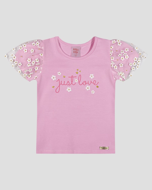 Blusa Infantil Menina em Meia Malha com Tule Floral Kely Kety Rosa