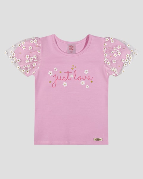 Blusa Infantil Menina em Meia Malha com Tule Floral Kely Kety Rosa