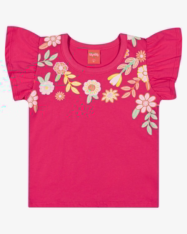 Blusa Infantil Menina em Meia Malha Estampa Flores - Kely Kety - Cherry