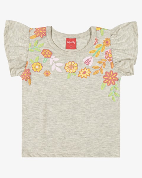 Blusa Infantil Menina em Meia Malha Estampa Flores - Kely Kety - Mescla