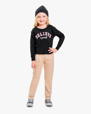 Blusa Infantil Menina Manga Longa com Babado - Kely Kety - Preto