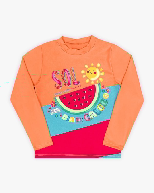 Blusa Infantil Praia Manga Longa com Estampa - Kely Kety - Tangerina