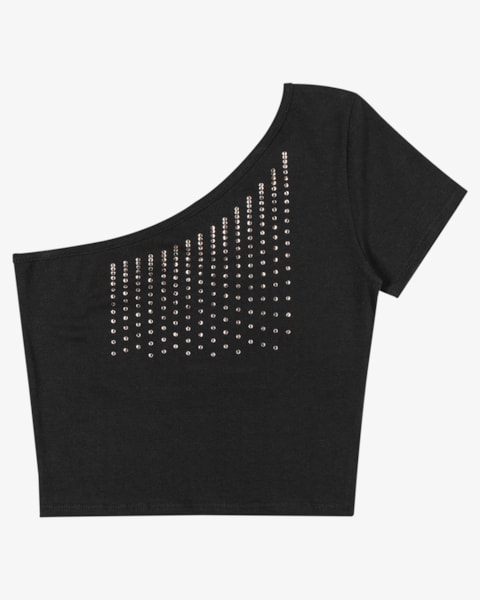 Blusa Juvenil de Um Ombro com Strass Aplicado – BaseD – Preto