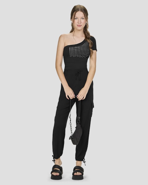 Blusa Juvenil de Um Ombro com Strass Aplicado – BaseD – Preto