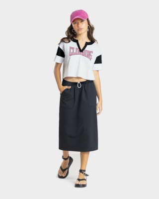 Blusa Juvenil Decote V com Recorte Contraste - BaseD - Branco