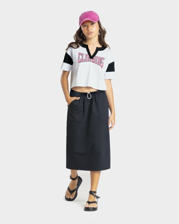 Blusa Juvenil Decote V com Recorte Contraste - BaseD - Branco
