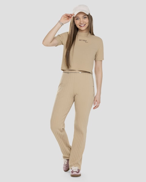 Blusa Juvenil Feminina Canelada com Estampa - BaseD - Bege