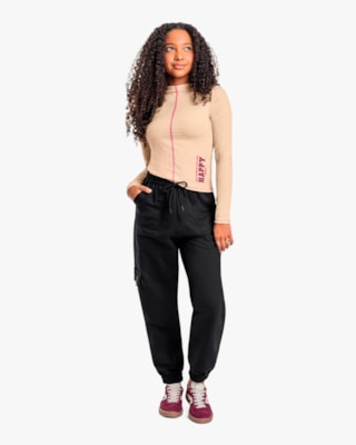 Blusa Juvenil Feminina Canelada Manga Longa com Estampa - BaseD - Nude