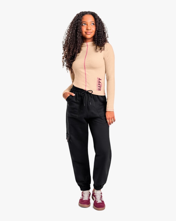 Blusa Juvenil Feminina Canelada Manga Longa com Estampa - BaseD - Nude