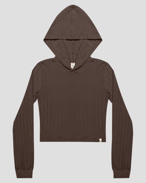 Blusa Juvenil Feminina Manga Longa Canelada com Capuz - BaseD - Marrom