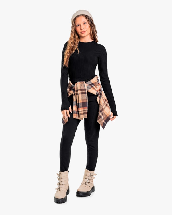 Blusa Juvenil Feminina Manga Longa com Dedeira Canelada - BaseD reto