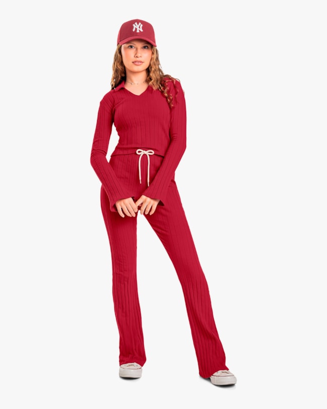 Blusa Juvenil Feminina Manga Longa com Gola Polo - BaseD - Cherry Red-3673ac38-65a6-4d25-b031-9d9d03e51c66