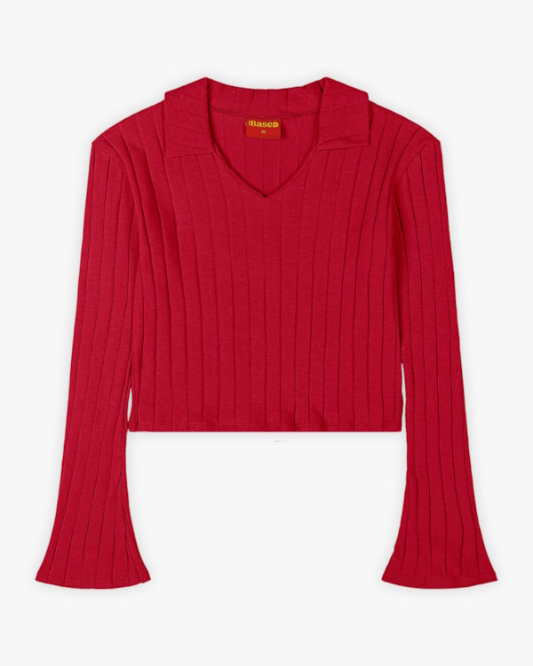 Blusa Juvenil Feminina Manga Longa com Gola Polo - BaseD - Cherry Red