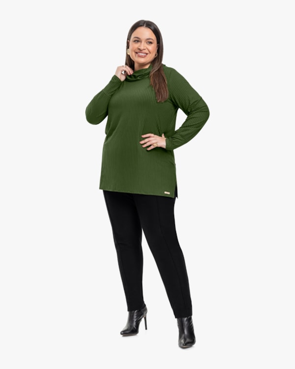 Blusa Long Plus Size em Viscose Canelada - Cereja Rosa - Militar