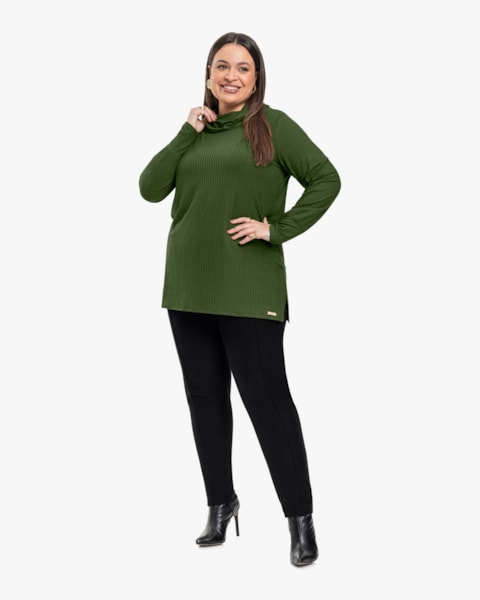 Blusa Long Plus Size em Viscose Canelada - Cereja Rosa - Militar