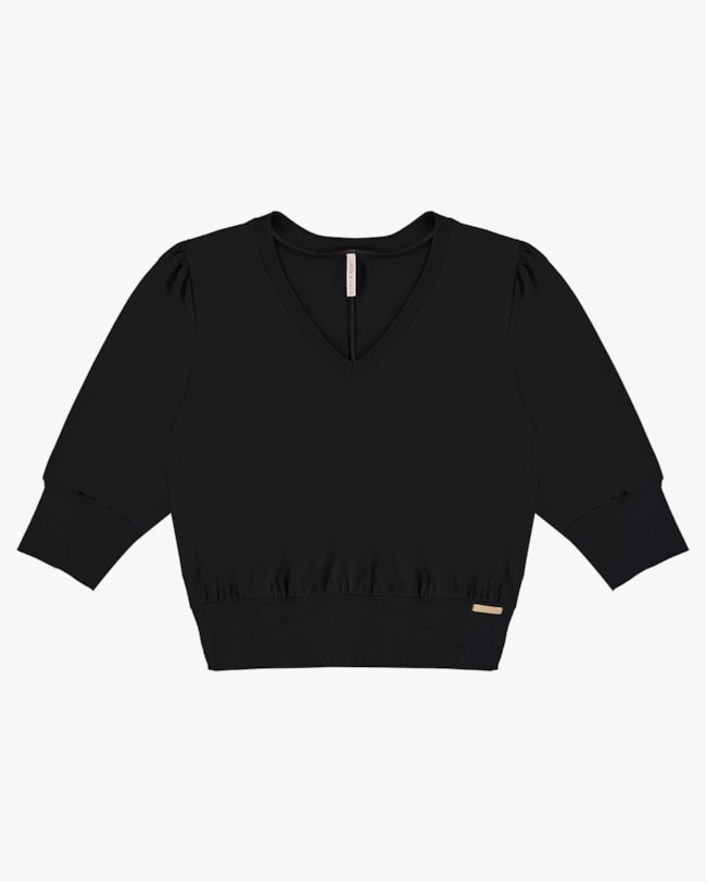 Blusa Manga 3/4 em Meia Malha - Cereja Rosa - Preto-25100dcd-6a35-4b4f-a19b-183a9958d3a8