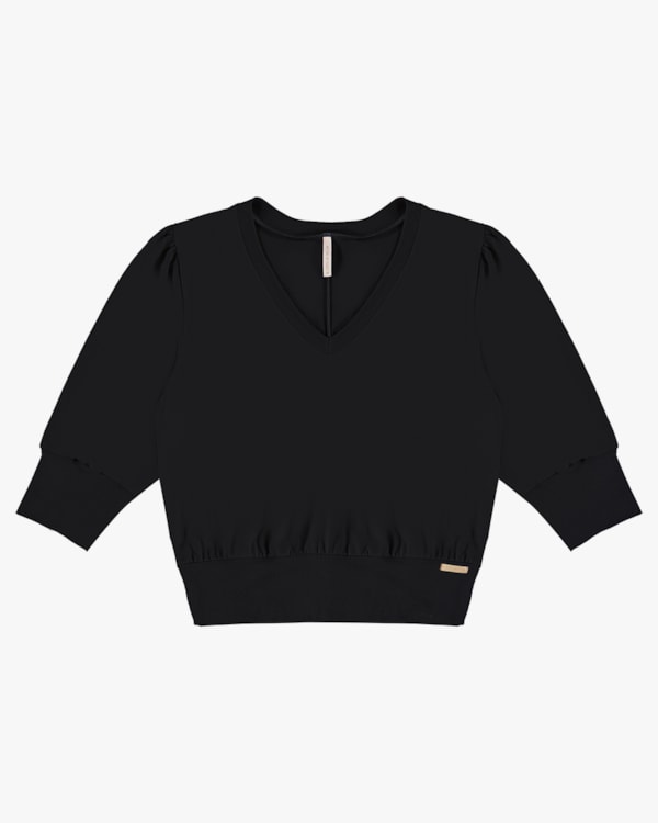 Blusa Manga 3/4 em Meia Malha - Cereja Rosa - Preto