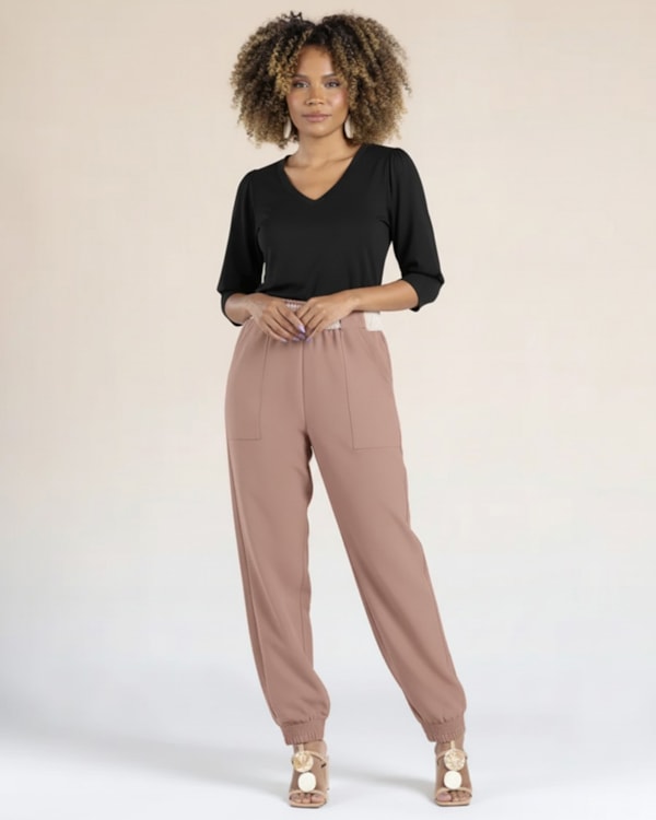 Blusa Manga 3/4 em Meia Malha - Cereja Rosa - Preto