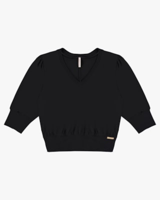 Blusa Manga 3/4 em Meia Malha - Cereja Rosa - Preto P