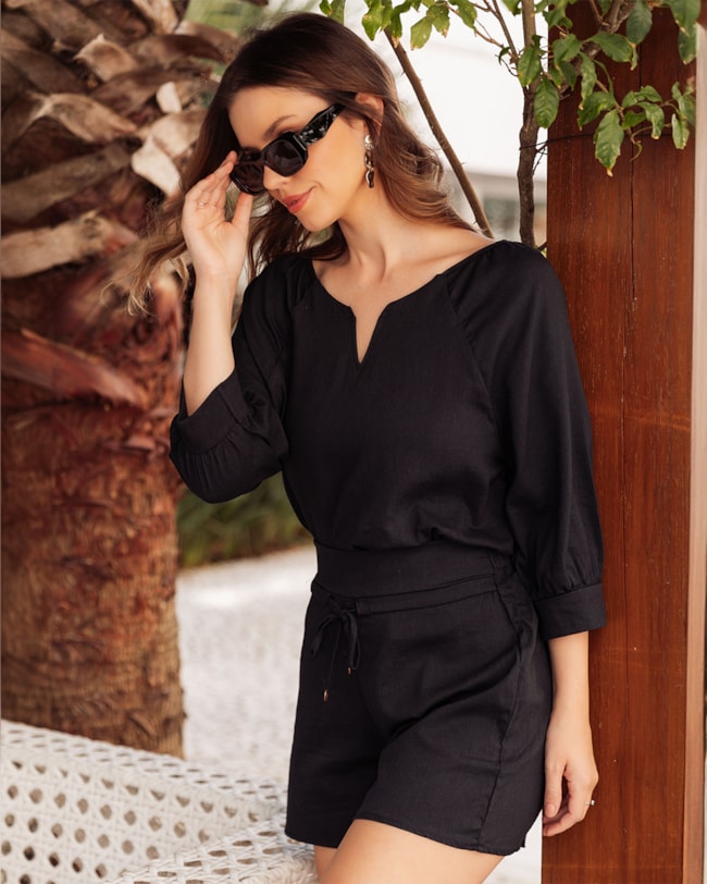 Blusa Manga 3/4 em Viscose Linho - Cereja Rosa - Preto  P-1d9d5004-e09a-402e-845c-dfa26954eaa2