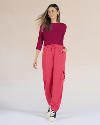 Blusa Manga 3/4 em Viscose Trabalhada - Cereja Rosa - Cabernet G