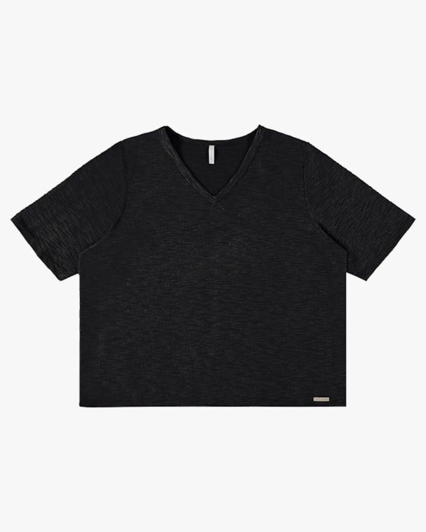 Blusa Manga Curta Plus Size com Decote V - Cereja Rosa - Preto P