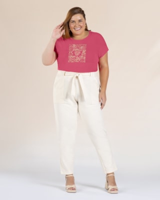 Blusa Manga Curta Plus Size com Estampa - Cereja Rosa - Rosa P