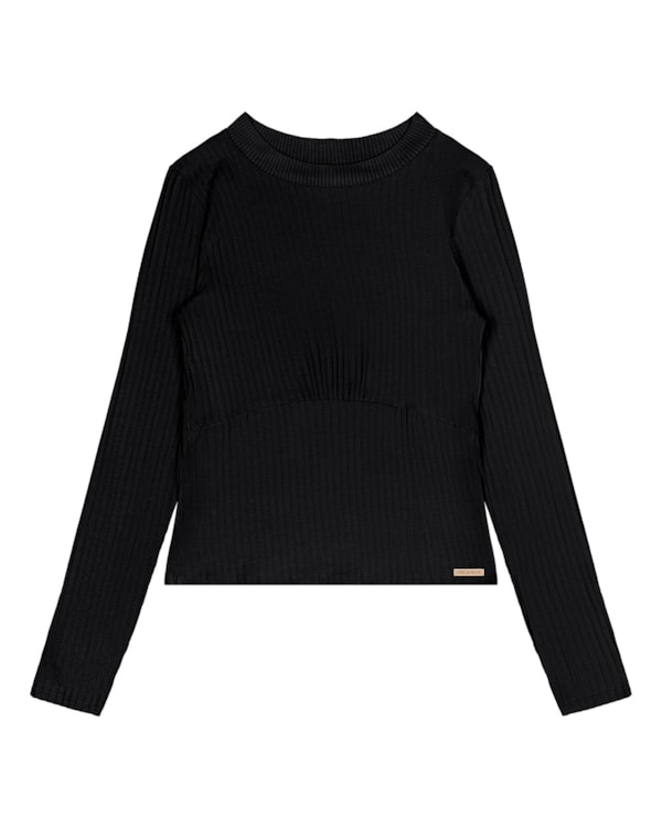 Blusa Manga Longa Canelada Cereja Rosa Preto