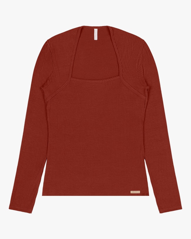 Blusa Manga Longa em Malha Canelada Cereja Rosa - Marrom-7d6ba4f5-5527-4866-af68-d3dc5c612a44