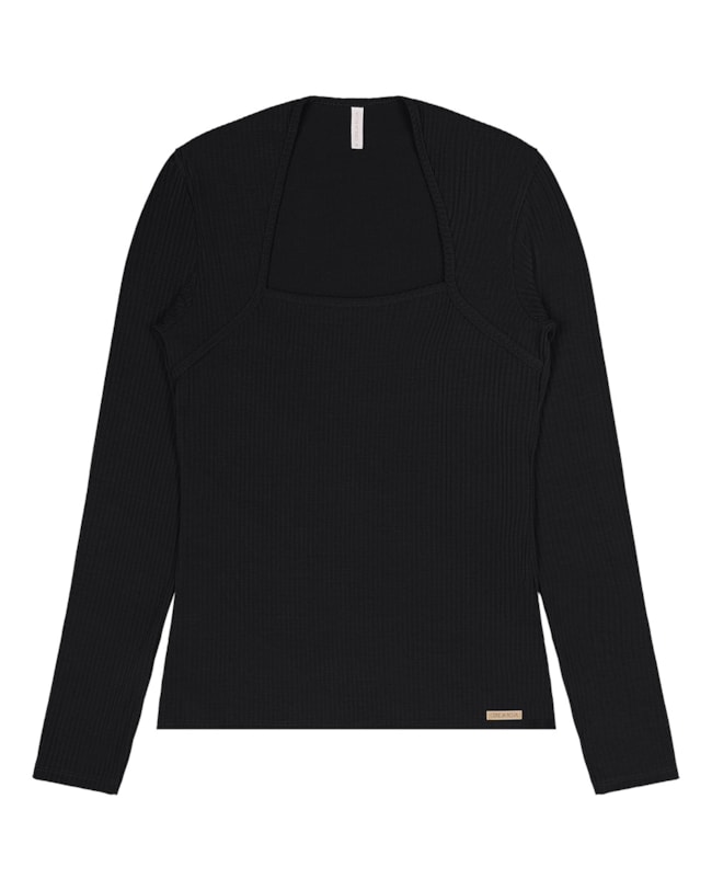 Blusa Manga Longa em Malha Canelada Cereja Rosa - Preto-7d1643cb-58ac-4be0-bb15-f85aa886ce0a