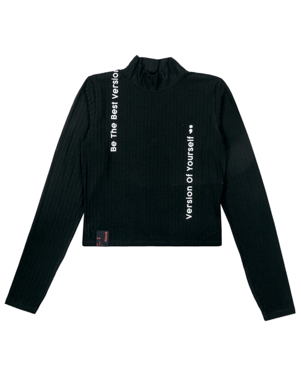 Blusa Manga Longa Juvenil em Canelado com Gola Alta BaseD- Preto