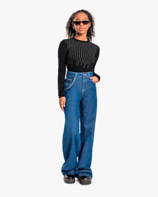Blusa Manga Longa Juvenil Feminina em Cotton com Strass - BaseD - Preto