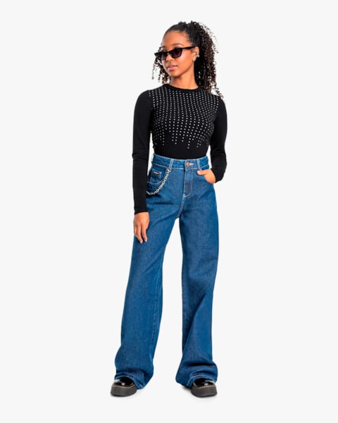 Blusa Manga Longa Juvenil Feminina em Cotton com Strass - BaseD - Preto