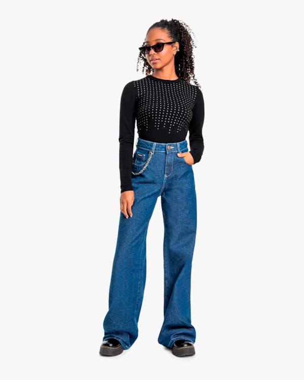 Blusa Manga Longa Juvenil Feminina em Cotton com Strass - BaseD - Preto